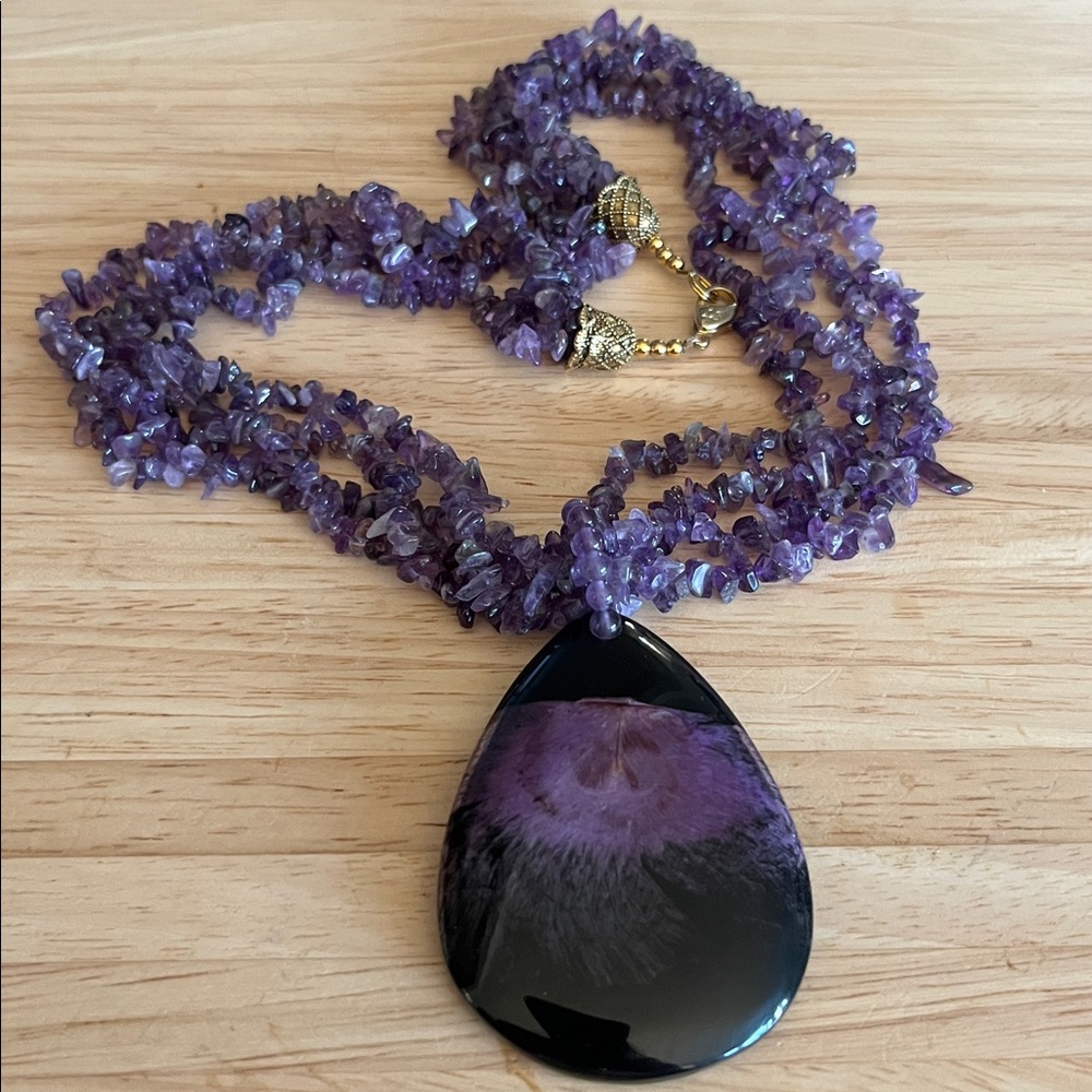 Lee Sands preserved acacia flower necklace with 4 strands of amethyst chips
